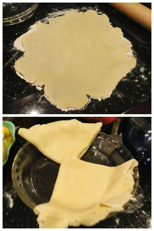 Collage with rolled crust dough at top and folded pie crust in pie dish at bottom