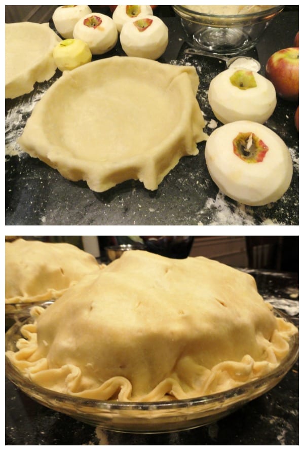 Collage with pie crust in pie plate at top and filled pie at bottom