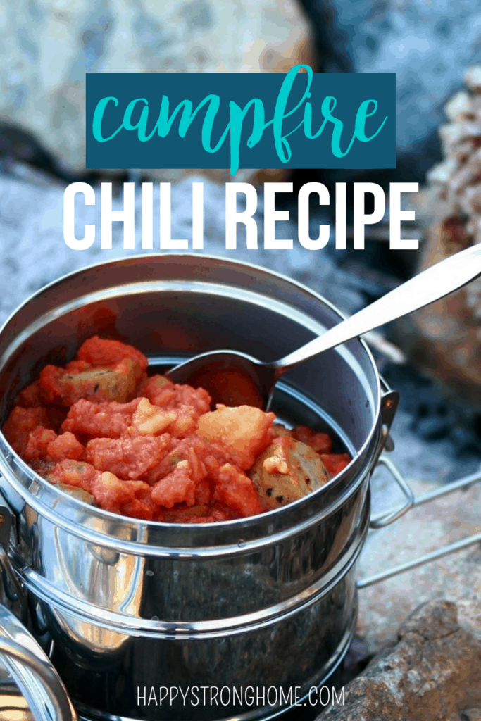 campfire chili in stainless pot with text "Campfire Chili recipe"