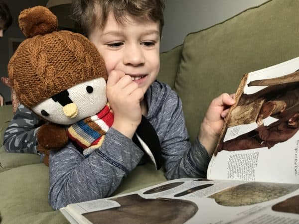 A young person reading a book holding a stuffed animal