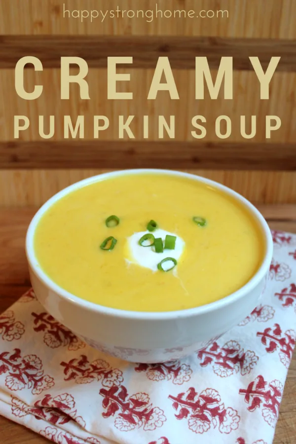 Pumpkin soup in bowl on table