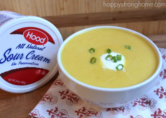 Pumpkin soup in bowl and Hood sour cream container on table