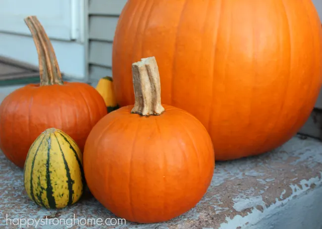 Various sized pumpkins on porch