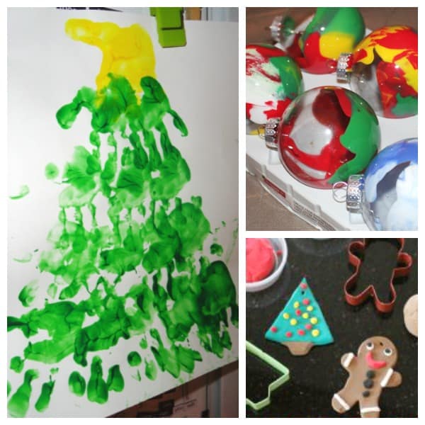 Collage with handprint Christmas tree at left, ornaments at upper right, and Christmas cookies at lower right