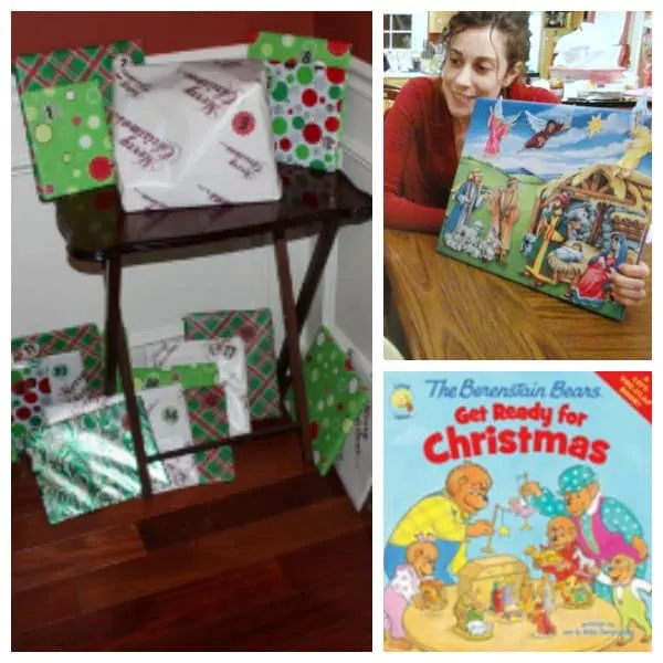 Collage with presents at left. woman holidng Nativity book at upper right, and book at lower right