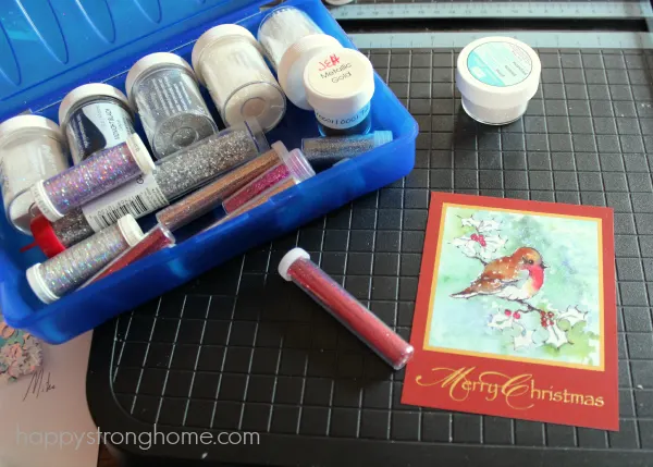 Bird card with box of glitter tubes on mat