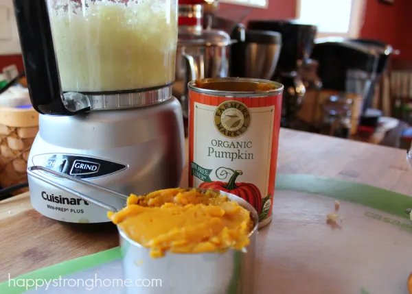 cup full of pumpkin with a blender and a can of organic pumpkin in background