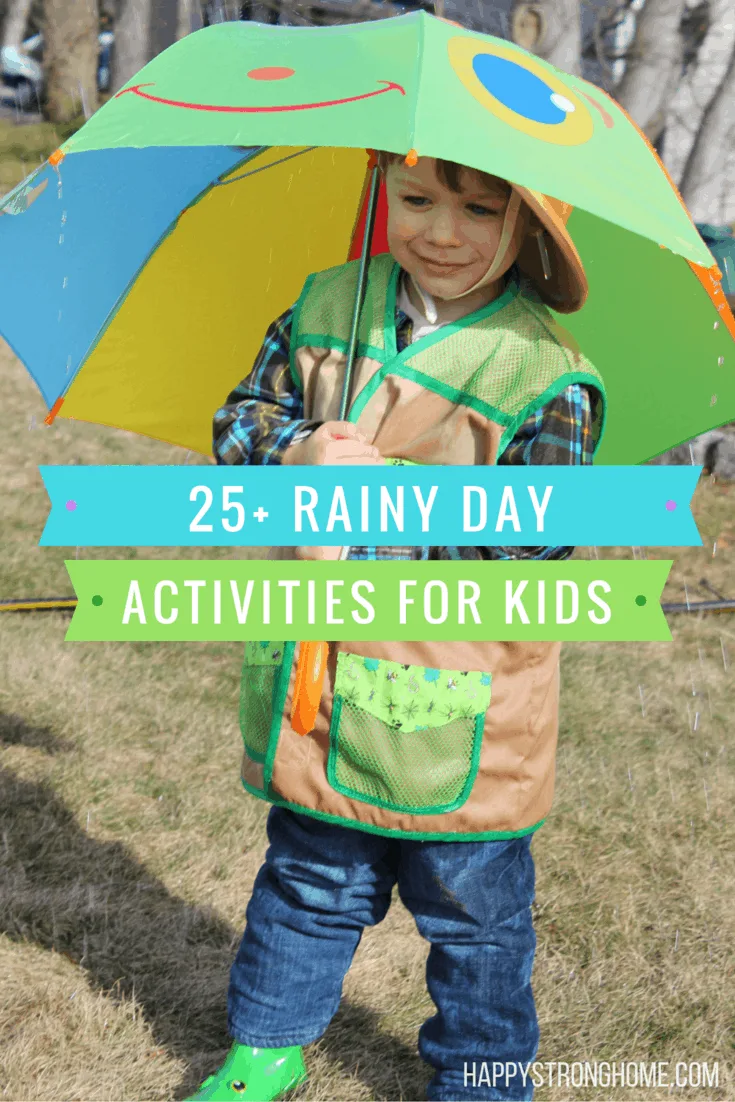 Child in rain coat holding umbrella. 