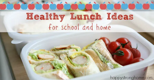 healthy lunch ideas pritnable banner across photo of wraps in plastic container