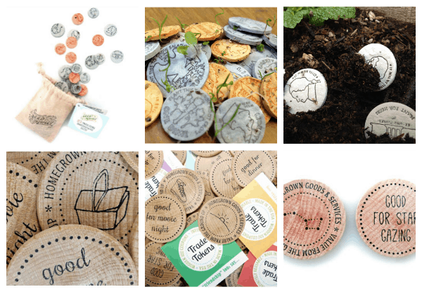 Seed coins and wooden play tokens, collage