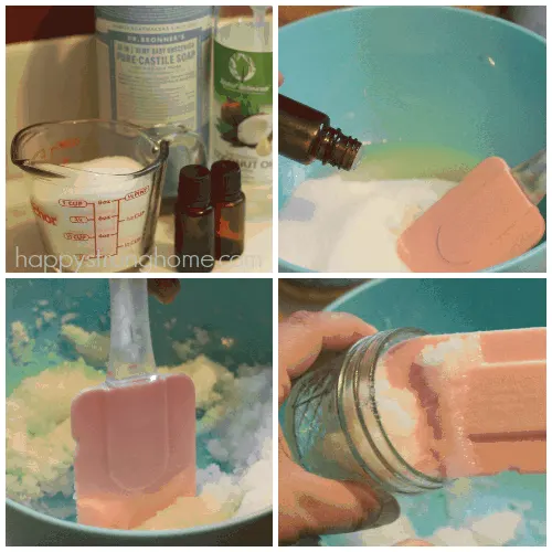 Collage with foot scrub recipe ingredients in upper left, mixing ingredients in upper right and lower left, and spooning into jar in lower right