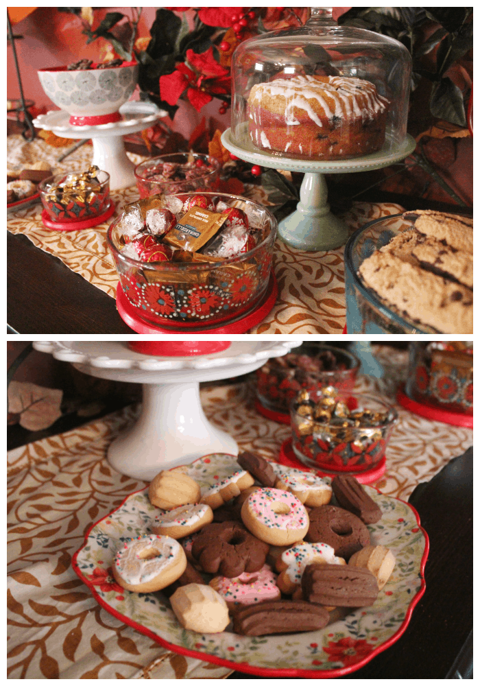Collage of various sweet treats on a Christmas-themed table