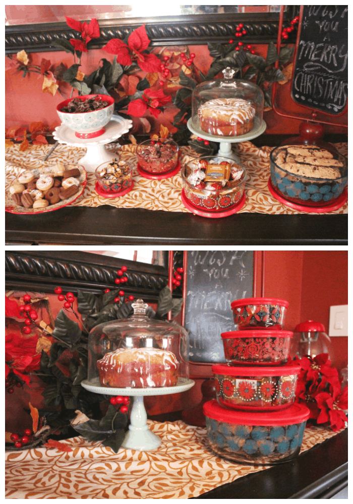 Collage with cakes and cookies at top and cake on stnd with packaged cookies at bottom