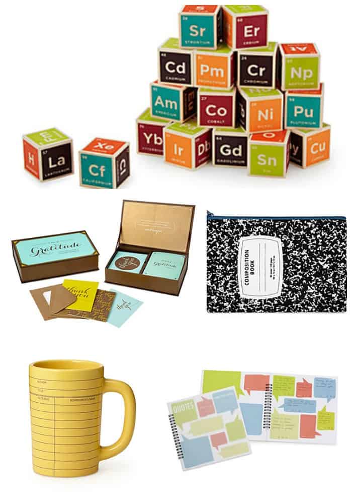 Collage of Blocks with periodic table, coffee mug, thank you cards