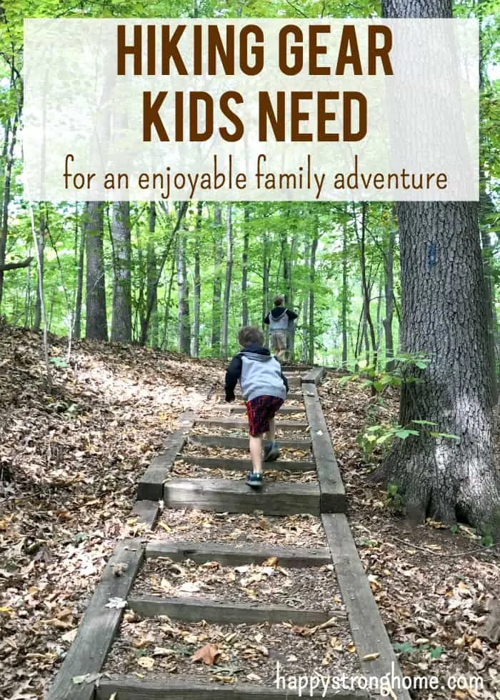 children hiking up a staircase in the woods