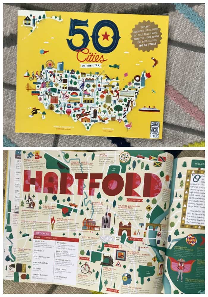 Collage of 50 Cities of the USA book cover at top and pages at bottom