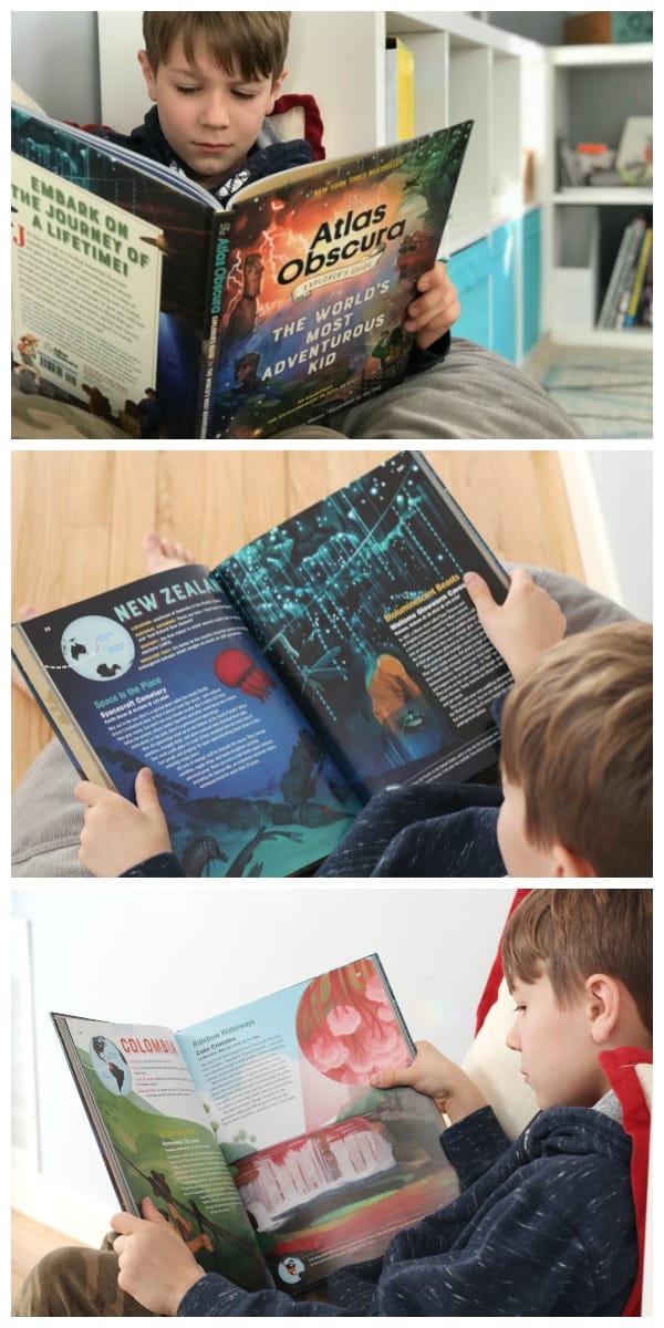 Collage with boy reading Atlas Obscura book at top and views of pages at center and bottom