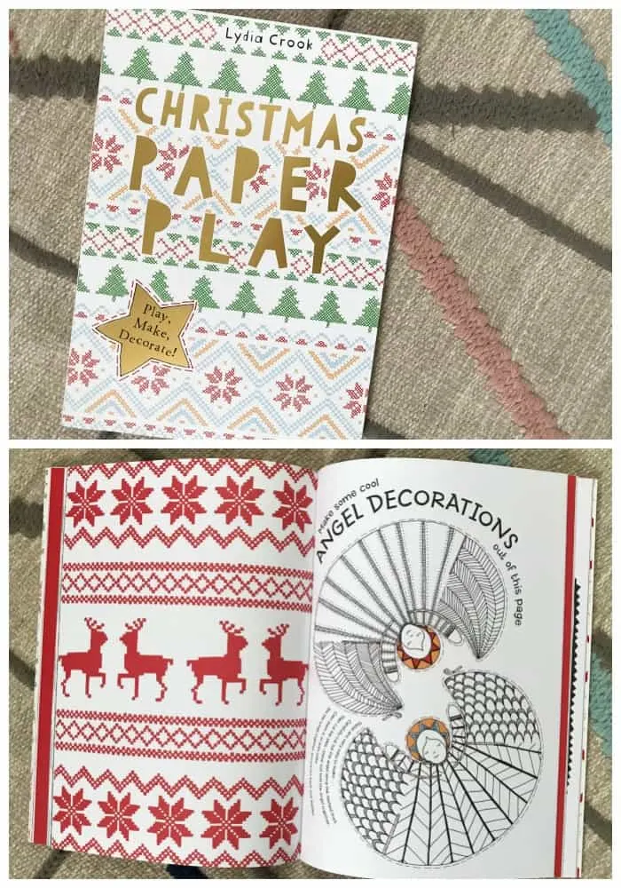 Collage of Christmas Paper Play book cover at top and open book at bottom