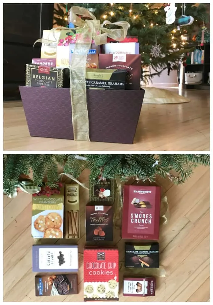 different types of chocolate treats with a Christmas tree background