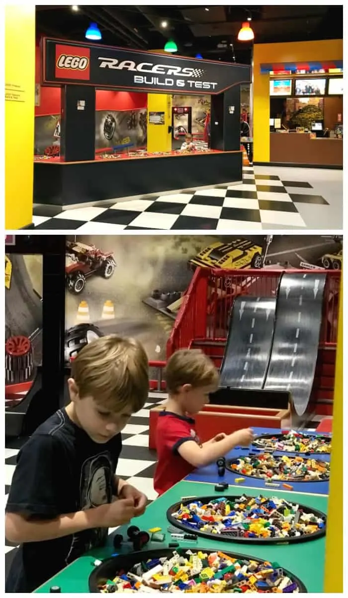 children building Lego race cars at Legoland discovery center