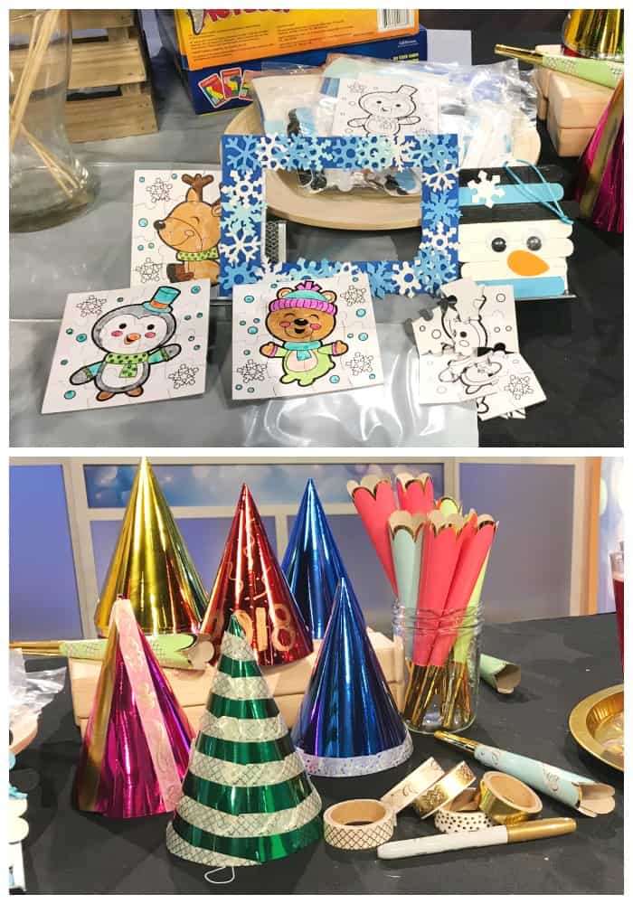 Winter and New Year\'s Eve party games, crafts, hats, collage