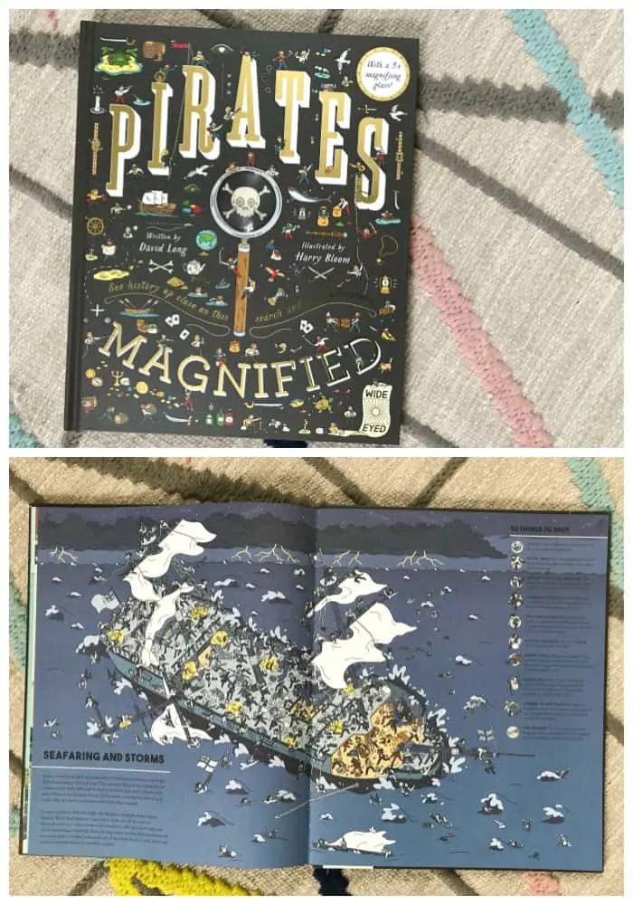 Collage of Pirates Magnified book cover at top and open book at bottom