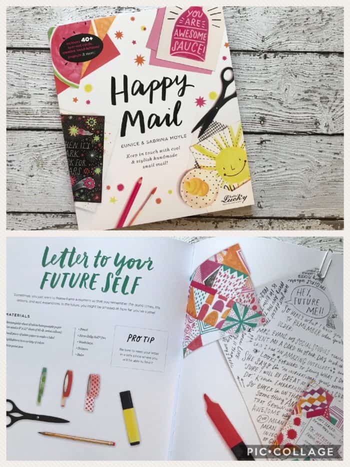 Collage of Happy Mail book cover at top and open book at bottom