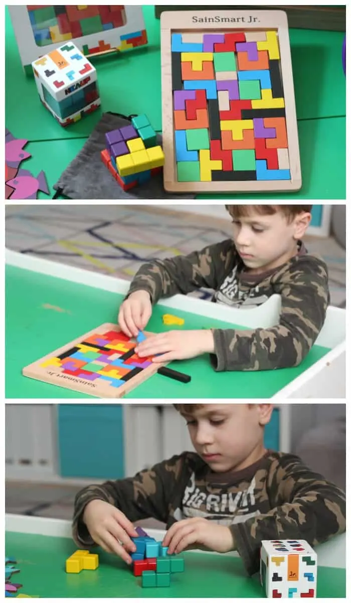 Kid at a table playing a puzzle game