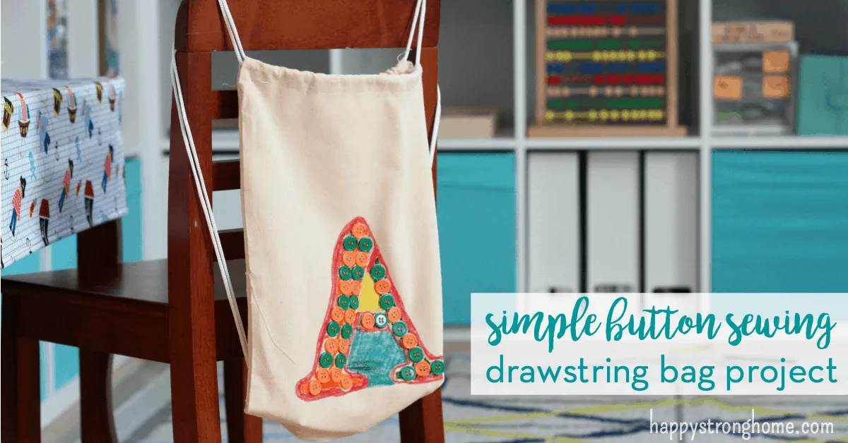 A drawstring bag with buttons on sewed on it