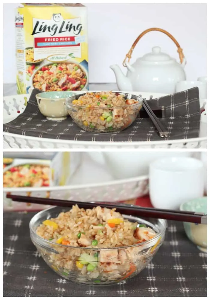 A tray of food, with Fried Rice and a white teapot