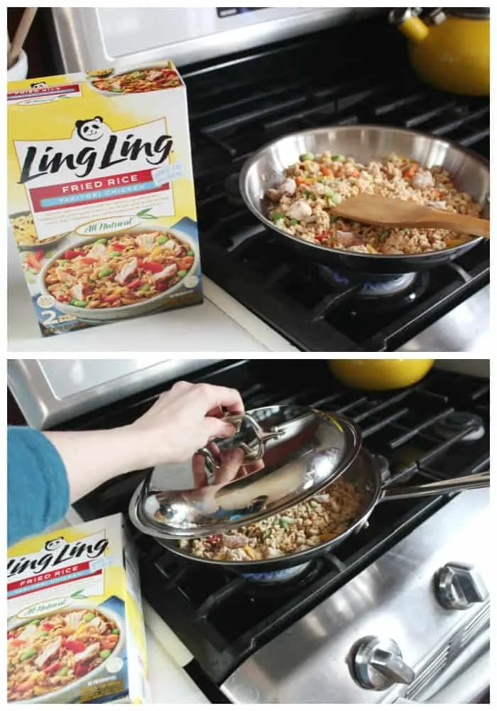 Fried rice in a skillet on a stove with a box next to it as quick side dishes to make for easy entertaining