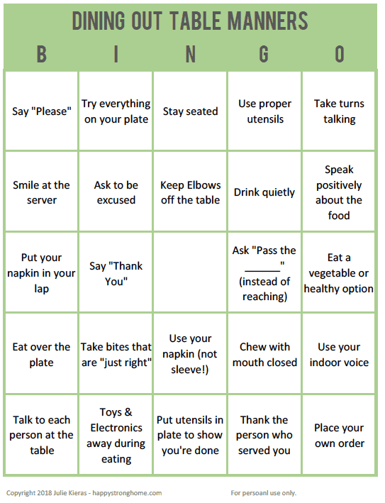 Dining Out Bingo Game Printable