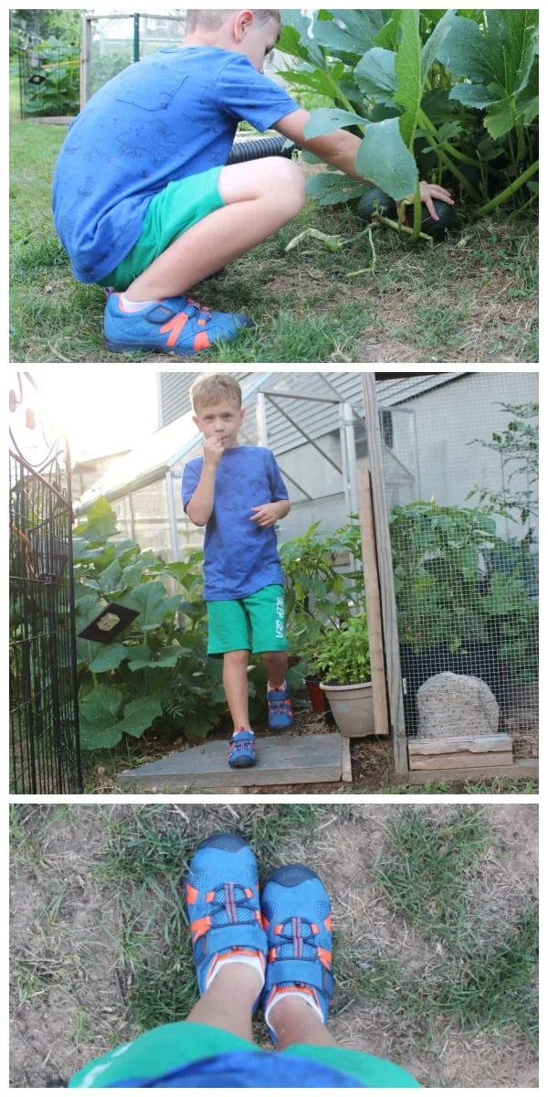 child walking out of garden and close up of sneakers