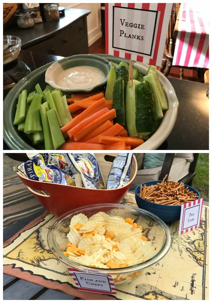 vegetable snacks and chips in bowls for a pirate birthday party idea