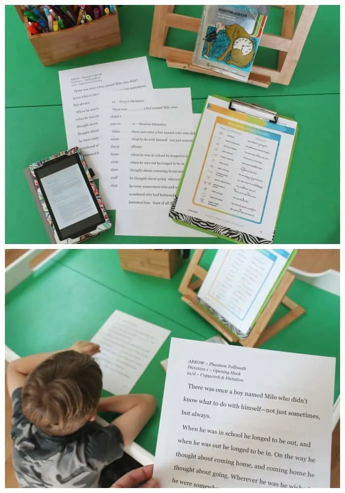 papers on a table and student writing using living books to teach writing