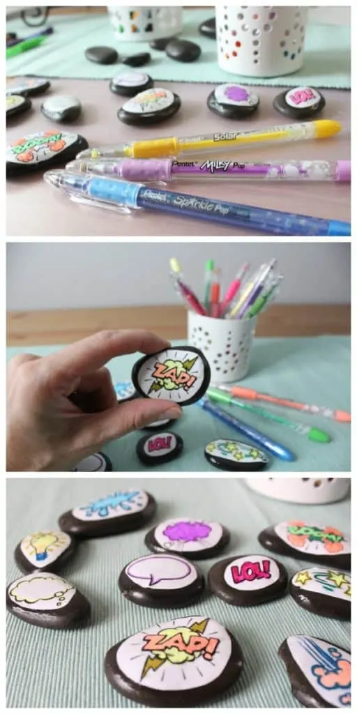 close up of story stones craft with ZAP comic pop art words