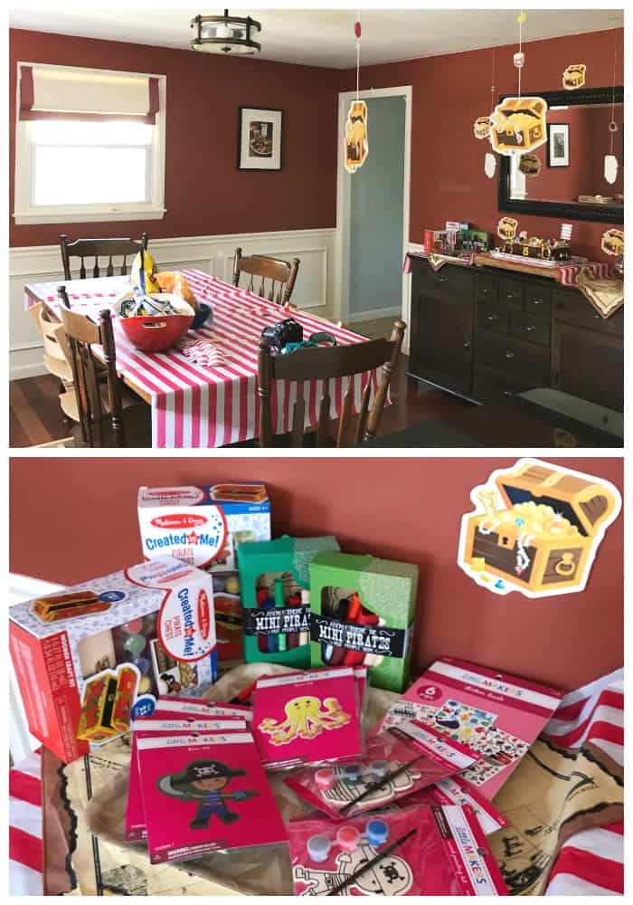 dining room table decorated with red and white striped tablecloth for pirate birthday party ideas