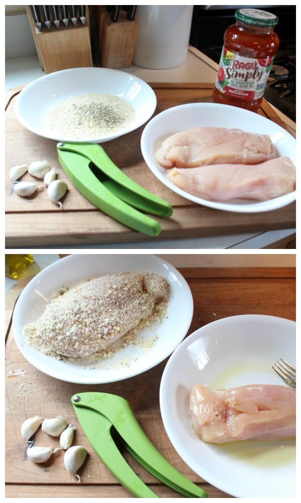 Chicken in a bowl coated with bread crumbs