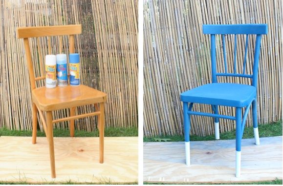 a before and after picture of a brown chair then a blue chair project