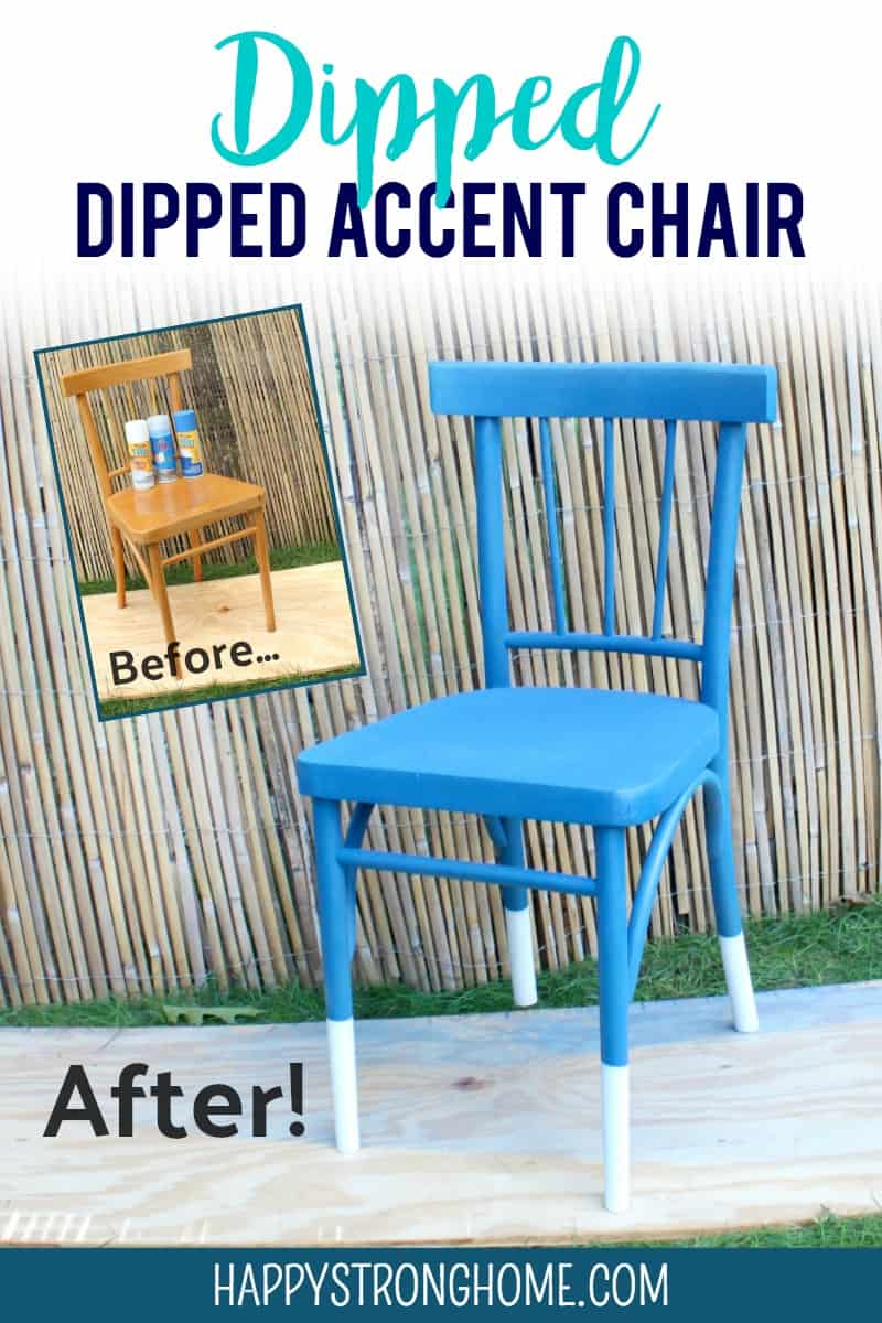 a before and after picture of a brown chair then a dipped accent chair that is blue with white legs