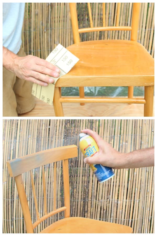 a person sanding a chair and spraying with PlastiDip
