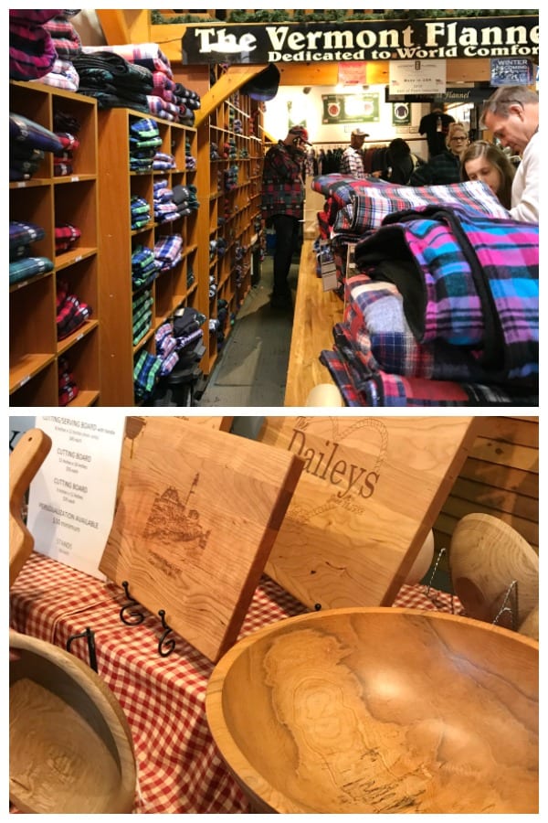 clothing store shelves with flannel shirts and wooden cutting boards