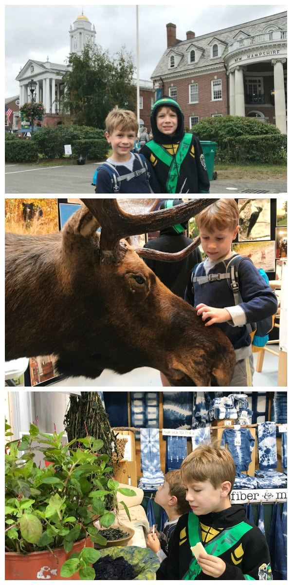 A boy standing in front of a building and another boy petting a moose head
