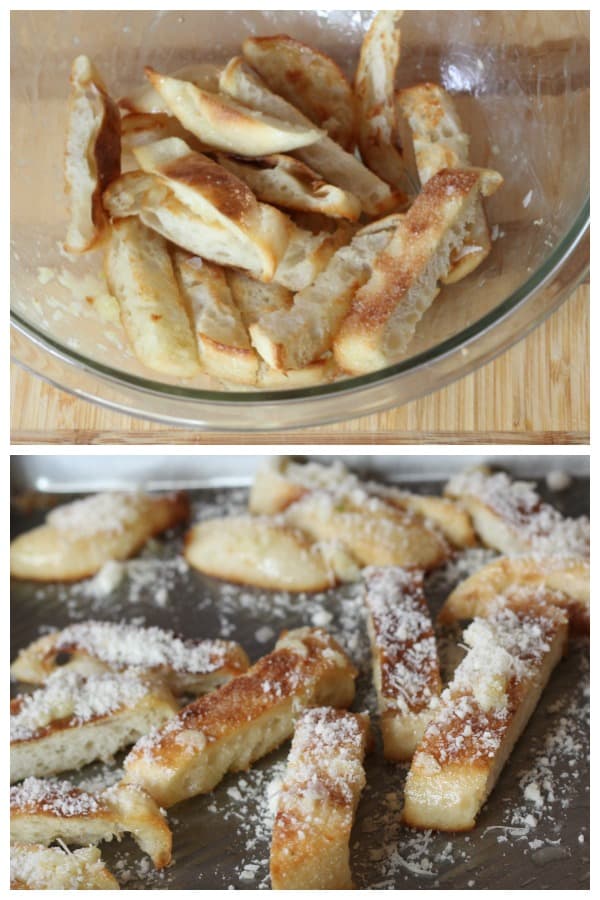 Sliced up English muffin pieces in a bowl with parmesan cheese sprinkled on top