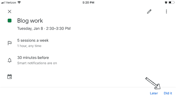 Screenshot of a Google calendar entry