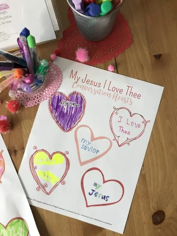 Close up of Valentine\'s Worksheet with Conversation Hearts design