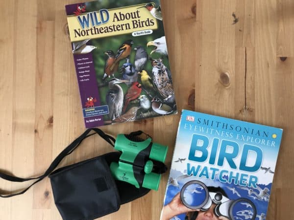 Birdwatching books and binoculars on a table