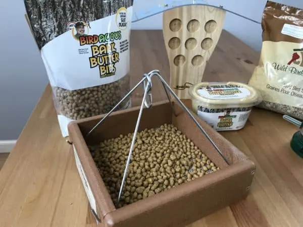 A tray of bird food food on a table, with Birds and Birdwatching