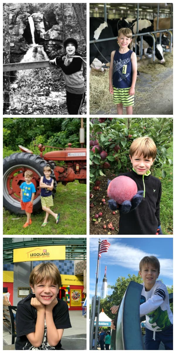 Collage kids doing fall activities outside, apple picking