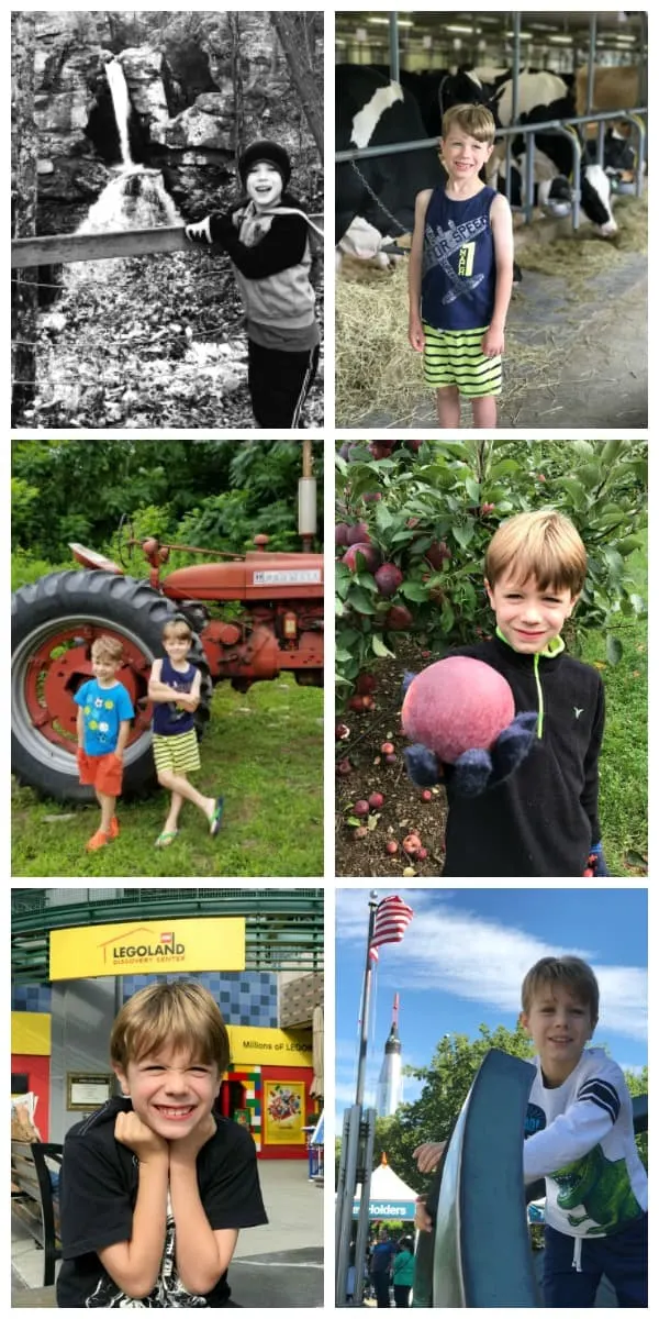 Collage kids doing fall activities outside, apple picking